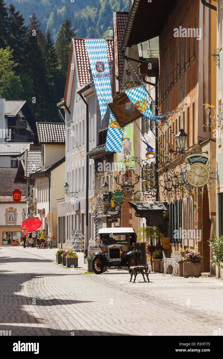 Ludwigstrasse in the old town, Partenkirchen, Garmisch-Partenkirchen, Werdenfelser Land, Baverian Alps, Upper Baveria, Bavaria, Stock Photo