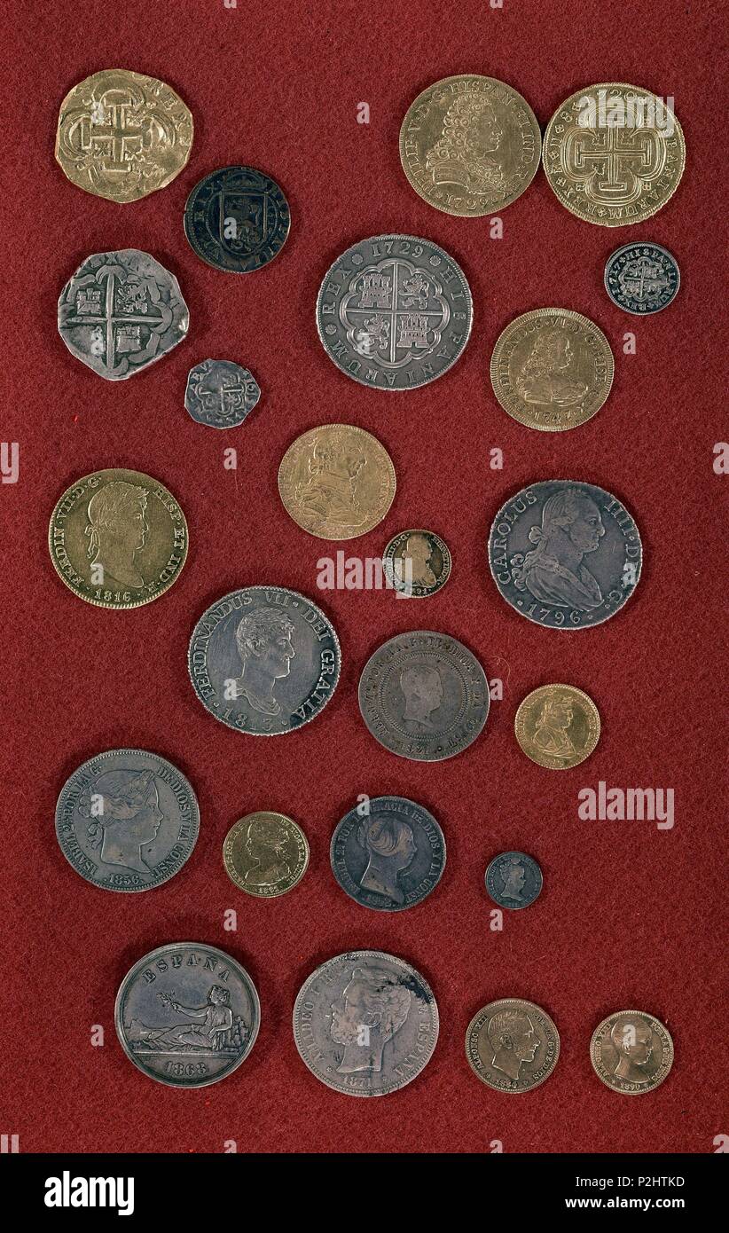 Money minted in Madrid from 1813 to 1890. Madrid, public museum. Location: MUSEO DE HISTORIA-NUMISMATICA, MADRID, SPAIN. Stock Photo
