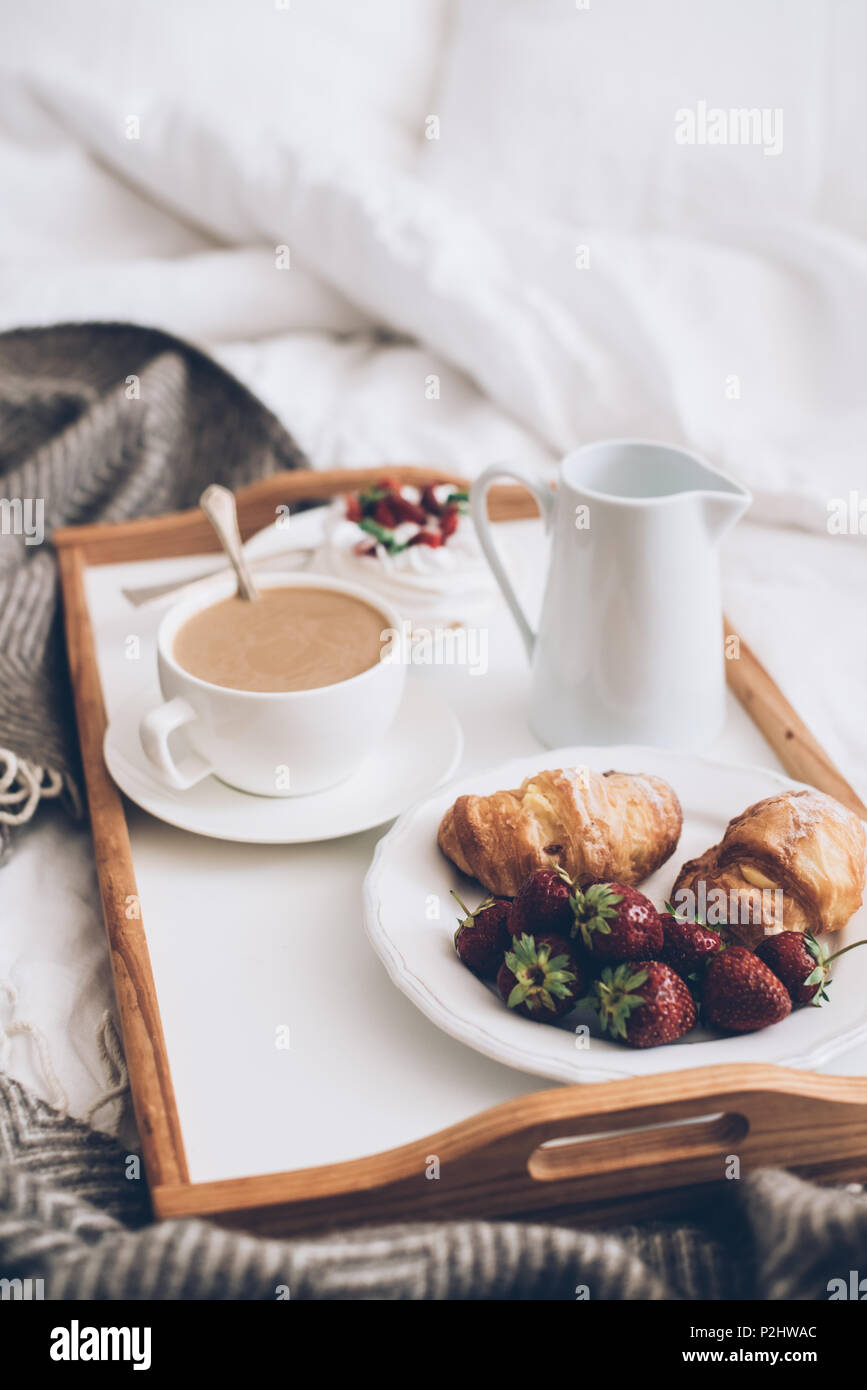 Traditional Romantic Breakfast In Bed In White And Beige Bedroom Stock ...