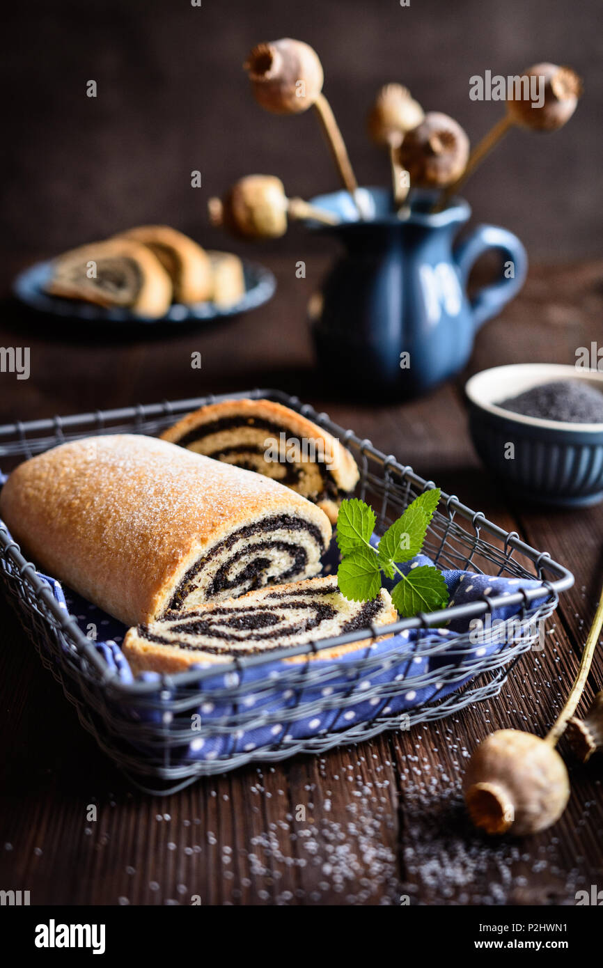 Delicious poppy seed strudel sprinkled with powdered sugar Stock Photo