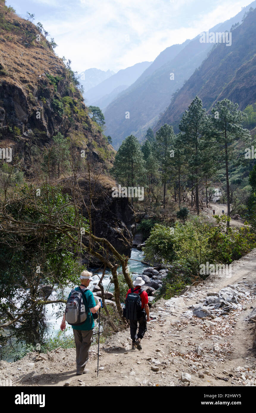 Trekkers in river valley, near Bamboo Lodge, Langtang Valley, Nepal Stock Photo