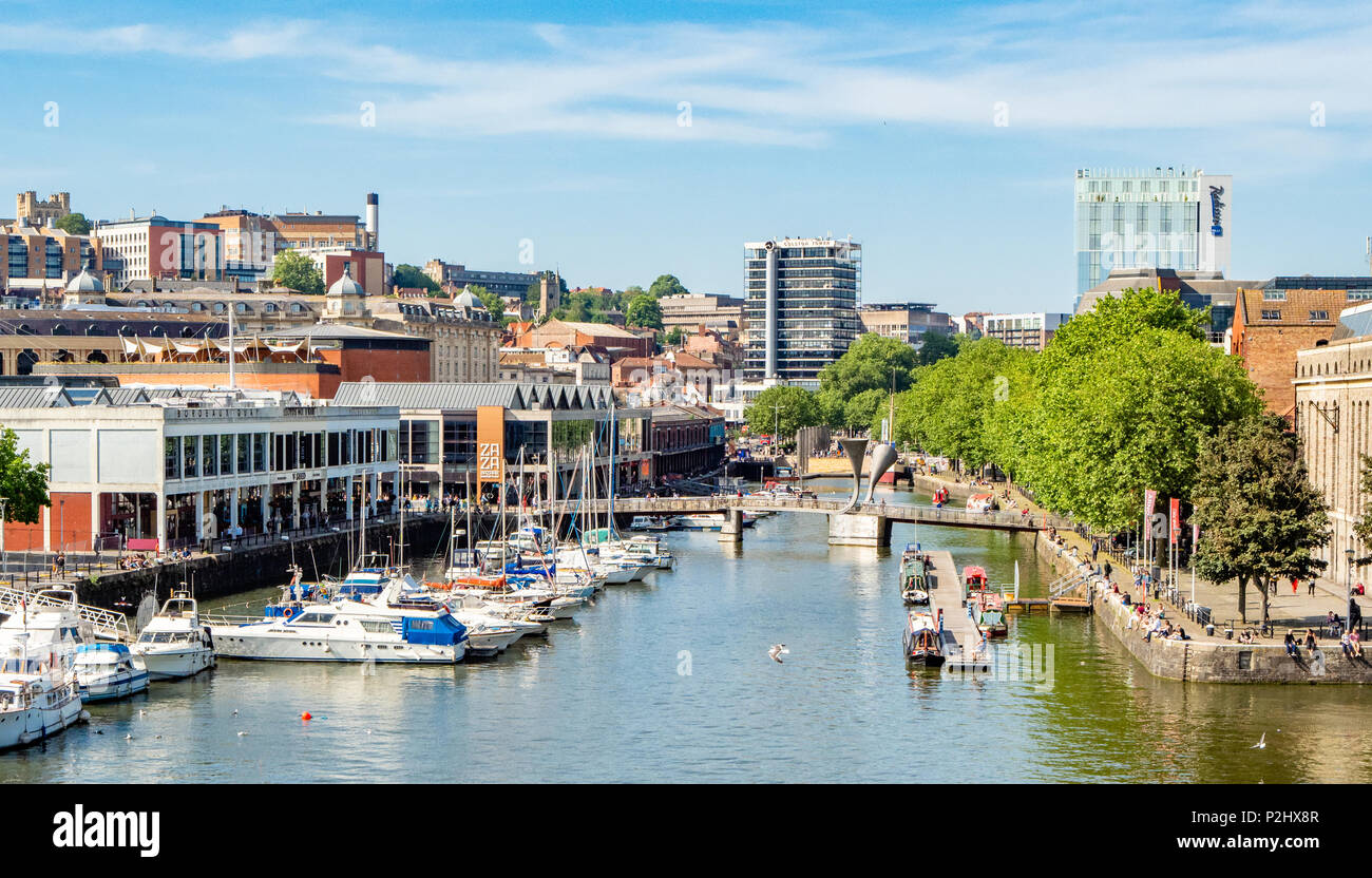 View of Bristol's Bordeaux Quay marina and Pero's Bridge with Colston Tower and the university beyond Stock Photo