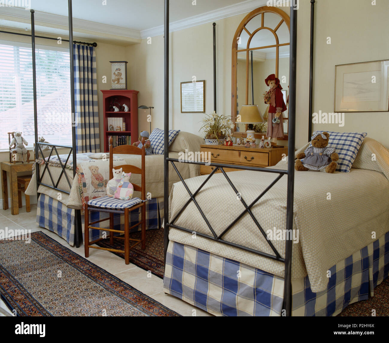 Blue White Checked Valences On Twin Metal Framed Beds In