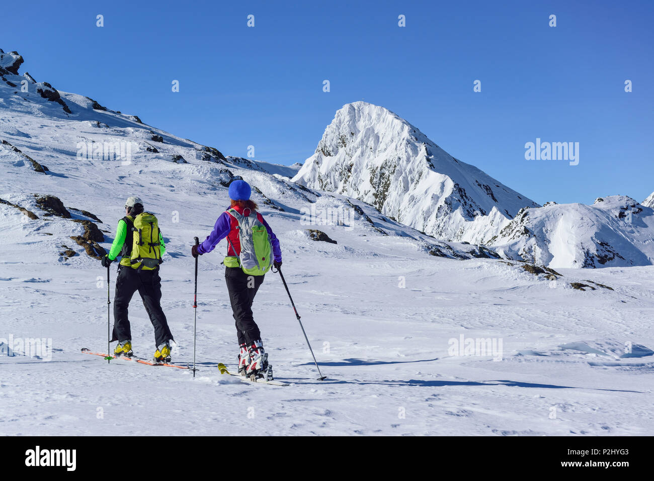 Man and woman back-country skiing ascending towards Schneespitze, Feuerstein in the background, Schneespitze, valley of Pflersch Stock Photo