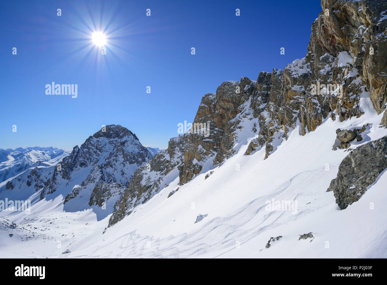 View to La Meyna, Col della Portiola, Valle Maira, Cottian Alps, Piedmont, Italy Stock Photo