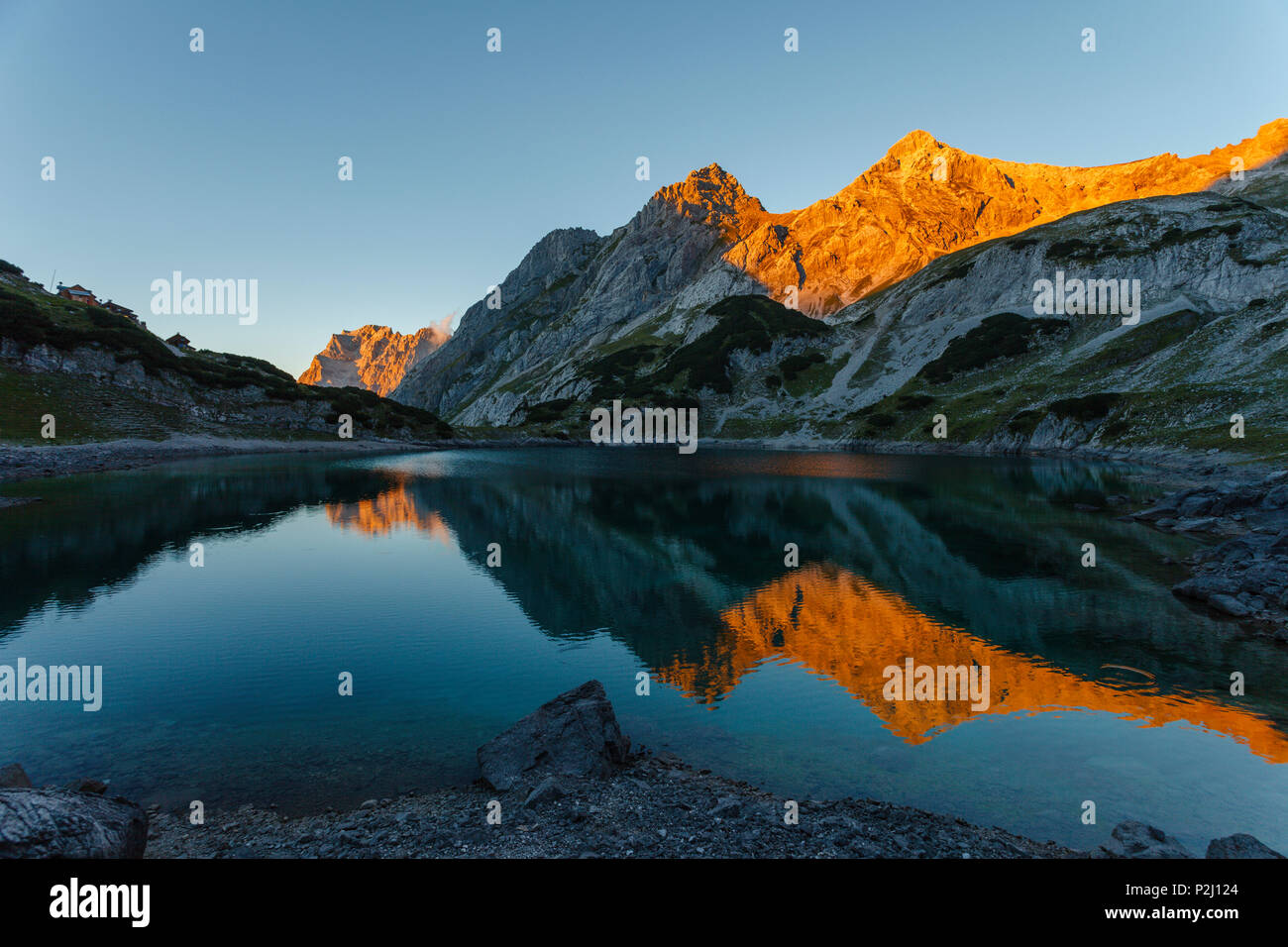 Lake Drachensee with mountain reflection, Mieminger mountains ...