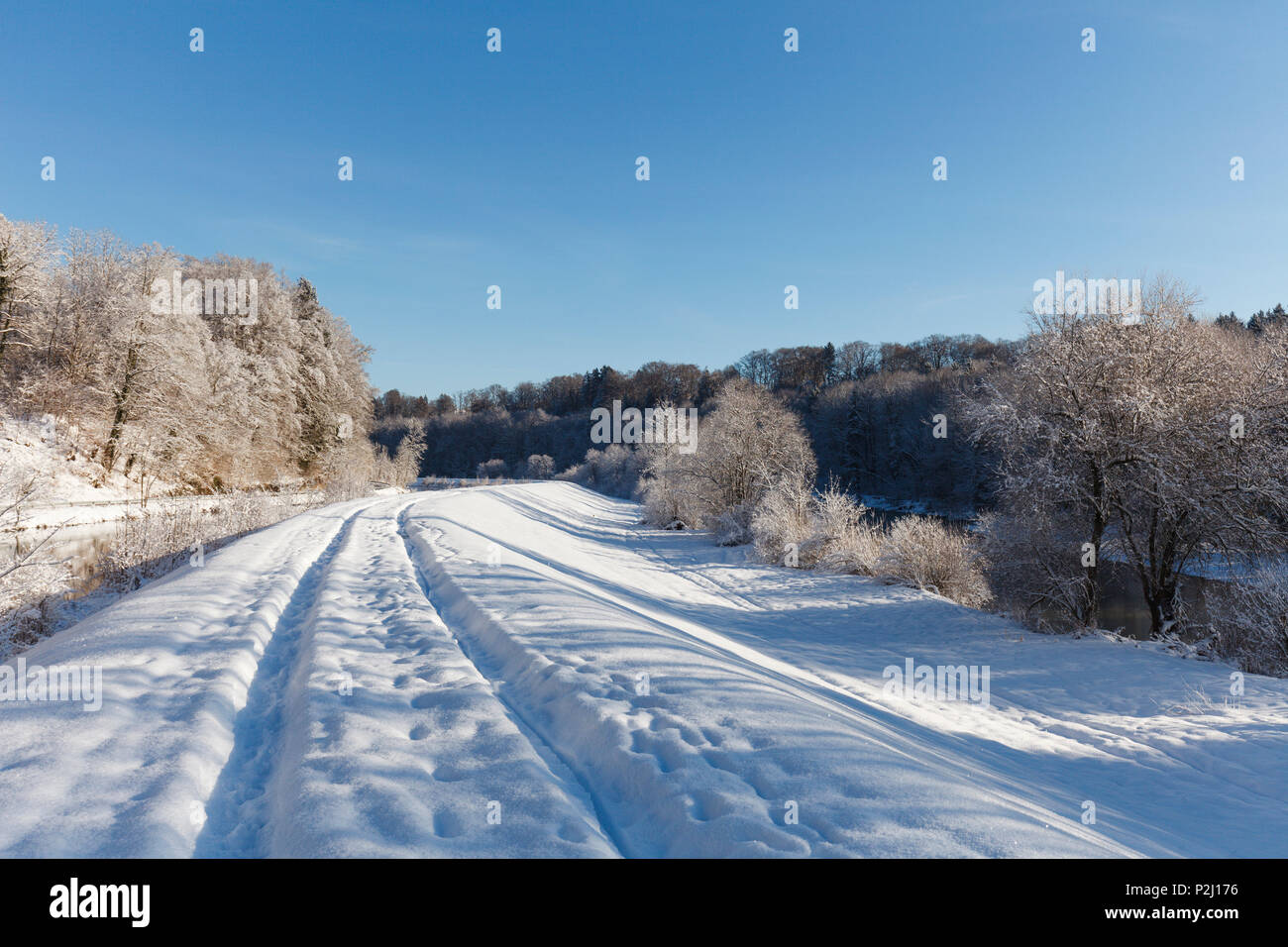 Isar river valley in winter, Isar canal and Isar river, Pullach im Isartal, south of Munich, Upper Bavaria, Bavaria, Germany, Eu Stock Photo