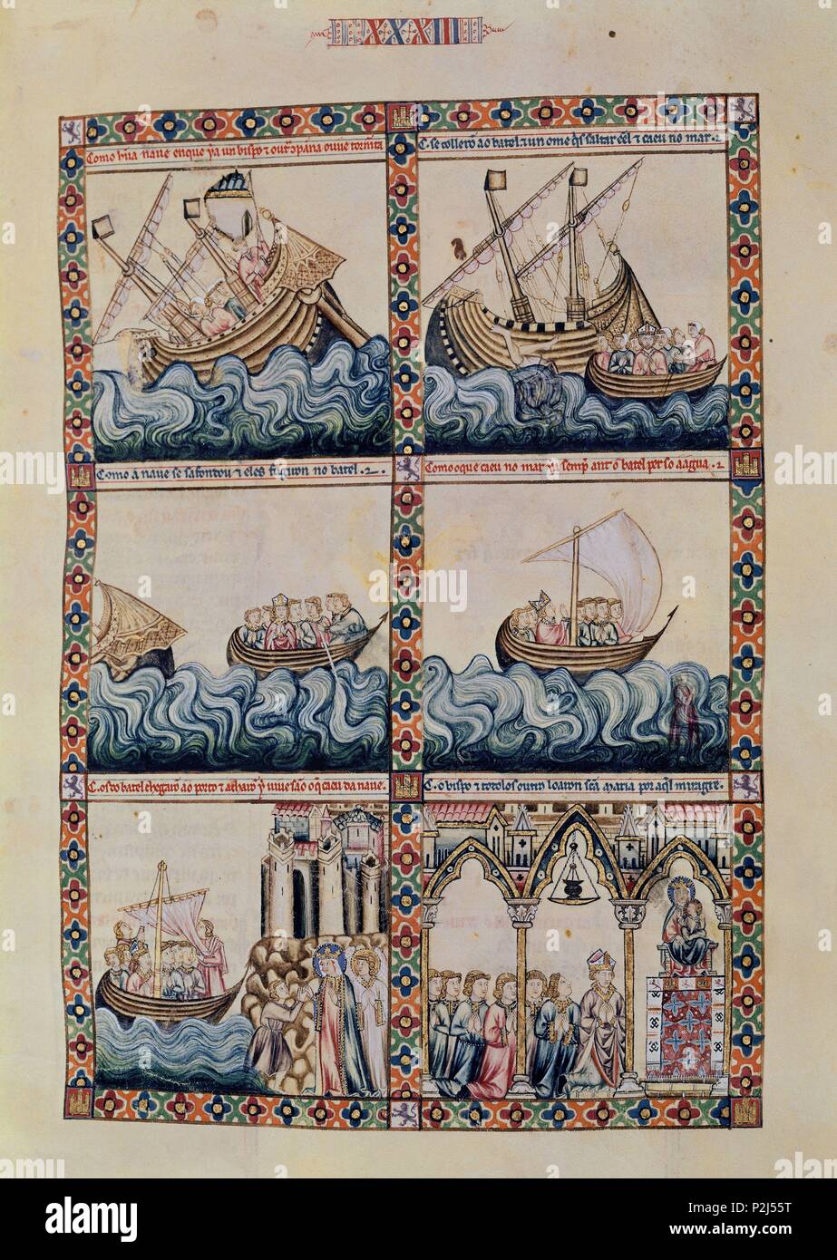 'The Pilgrim Saved from Shipwreck', MTI1, The Cantigas de Santa Maria, Number 33, F49R, 13th century. Author: Alfonso X of Castile the Wise (1221-1284). Location: MONASTERIO-BIBLIOTECA-COLECCION, SAN LORENZO DEL ESCORIAL, MADRID, SPAIN. Stock Photo