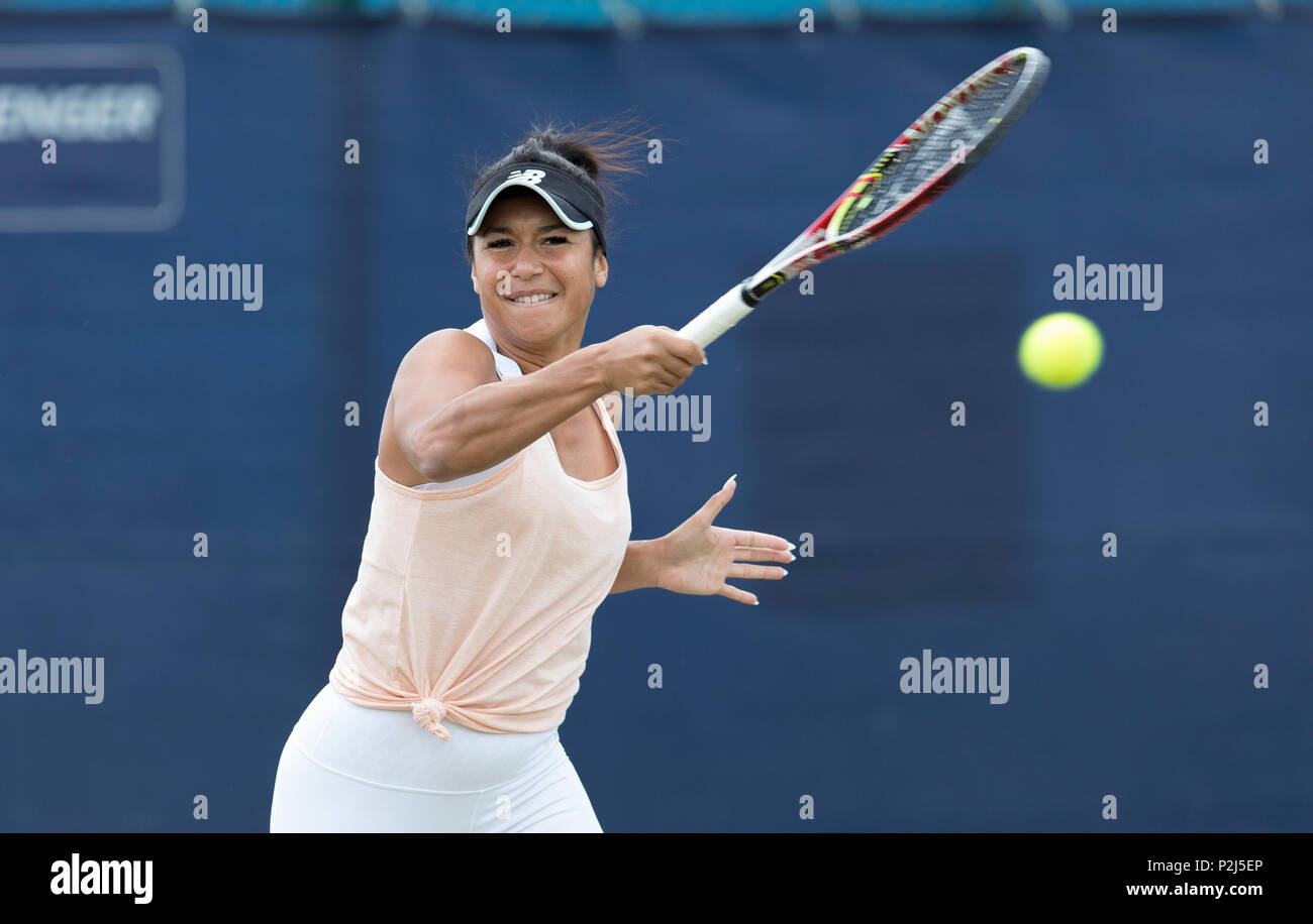 Heather Watson of Great Britain during a practise session with her coach at Nottingham Tennis Centre, Nottingham. Picture date: 15th June 2018. Pictur Stock Photo