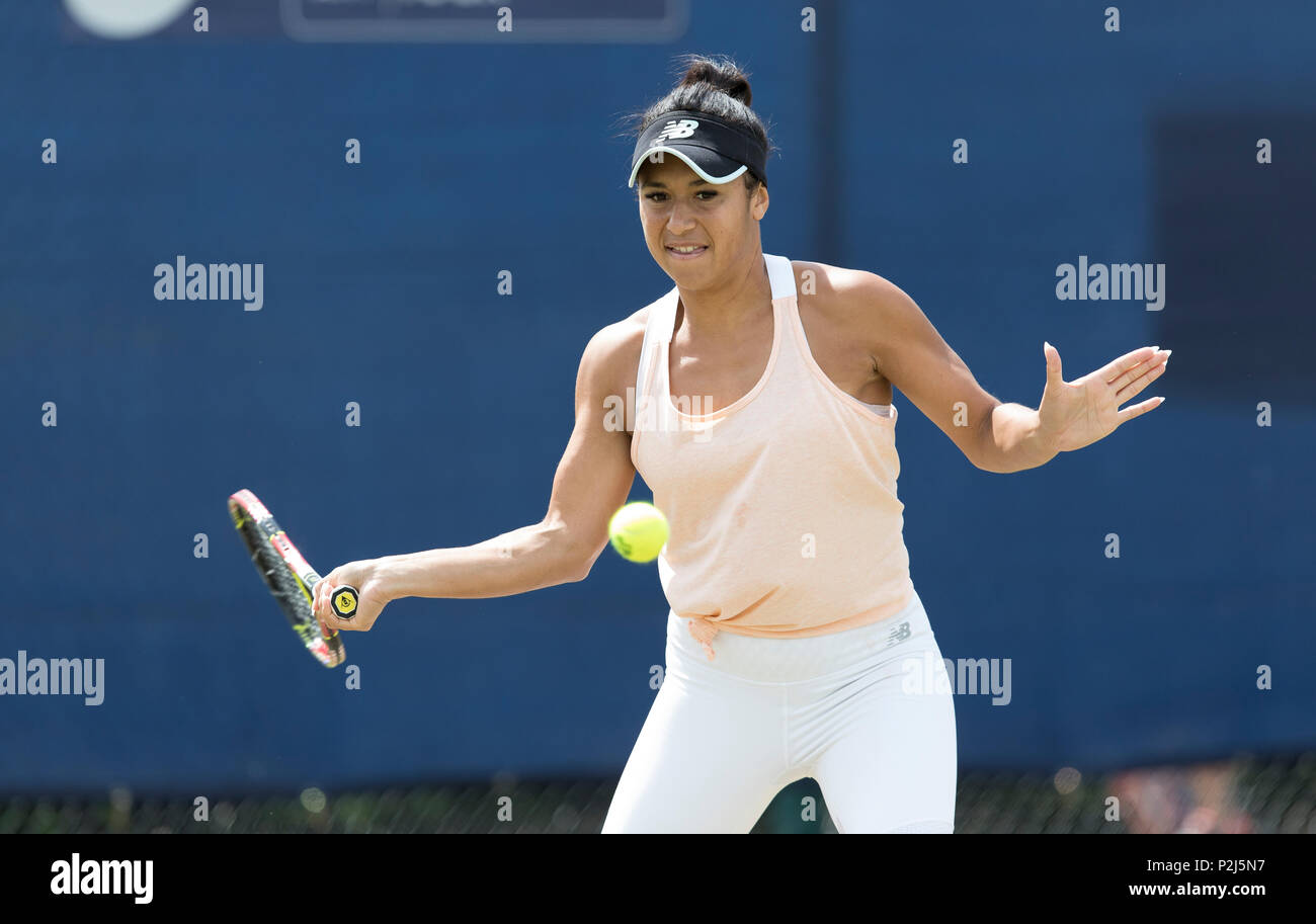 Heather Watson of Great Britain during a practise session with her coach at Nottingham Tennis Centre, Nottingham. Picture date: 15th June 2018. Pictur Stock Photo