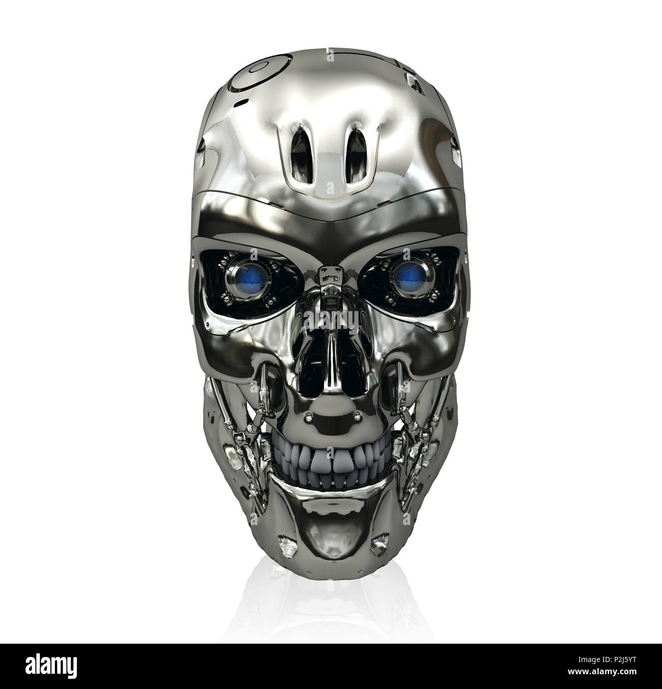 Robot skull with metallic surface and blue glowing eyes on side view, isolated on white background Stock Photo