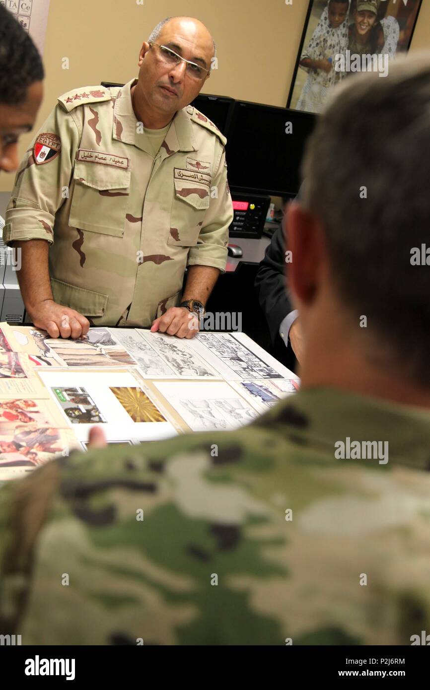 Brig. Gen. Khalil Essam Mohamed Elsayed (second from left), commander, Egyptian Human Development and Behavioral Sciences Center, listens intently as a 4th Military Information Support Group Soldier explains the capabilities of the Group’s graphics section during a visit to Fort Bragg, Sept. 24-28. Elsayed and three other Egyptian army officers traveled here to exchange information in order to coordinate training programs and synchronize efforts with U.S. partners. Stock Photo