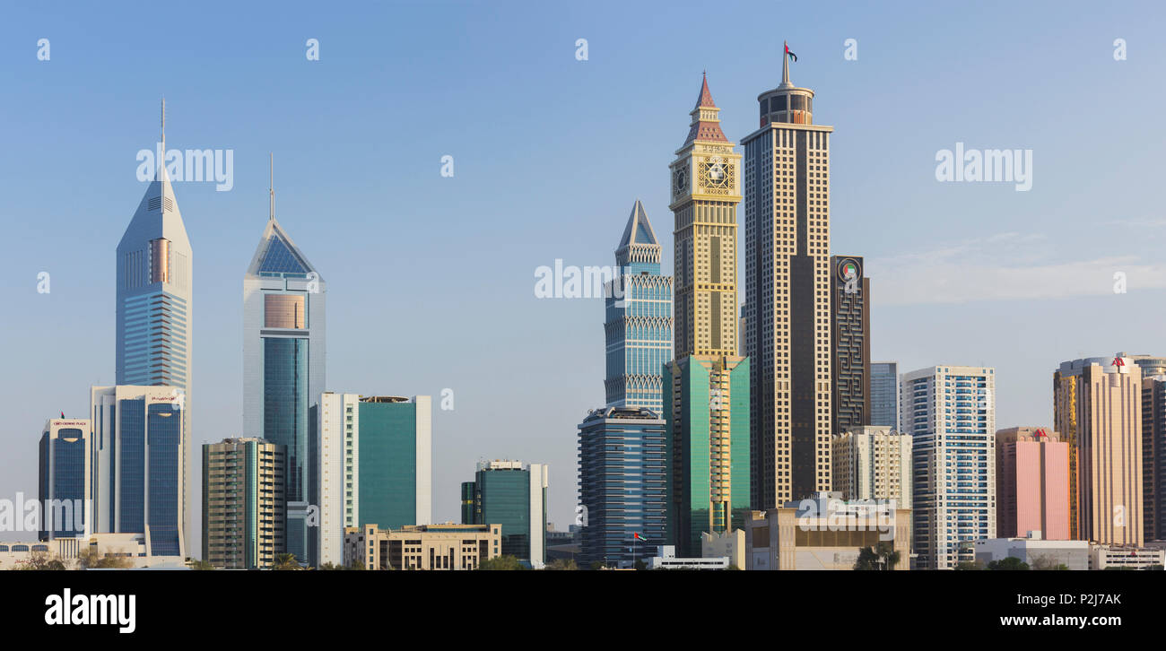 Skyscrapers on Sheikh Zayed Road, Dubai, Unites Arab Emirates, UAE Stock Photo
