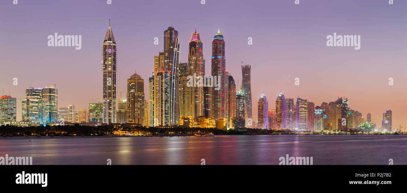 Skyscrapers in the Dubai Marina from the Palm Jumeirah, Dubai, Unites Arab Emirates, UAE Stock Photo