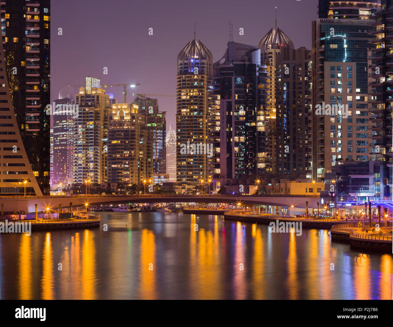 Skyscrapers in the Dubai Marina at night, Dubai, Unites Arab Emirates, UAE Stock Photo
