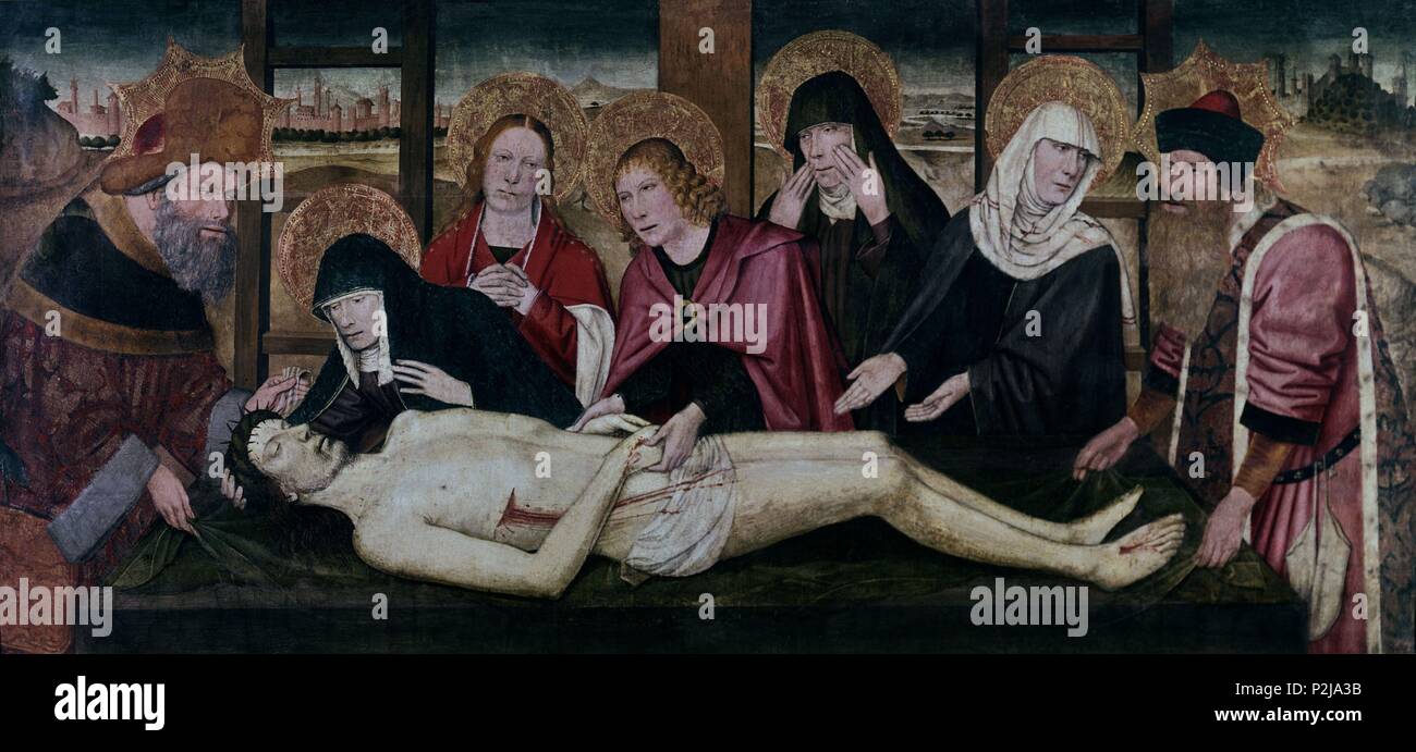'The Lamentation of Christ', 1466-1475, 73 x 158 cm. Author: Jaume Huguet (c. 1414-1492). Location: LOUVRE MUSEUM-PAINTINGS, FRANCE. Stock Photo