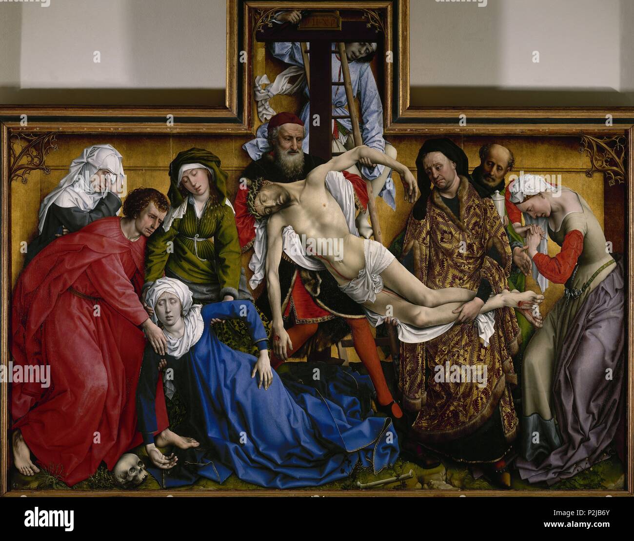 The Descent from the Cross', c. 1435, Oil on panel, 220 × 262 cm, P02825.  Author: Rogier van der Weyden (c. 1399-1464). Location: MUSEO DEL  PRADO-PINTURA, MADRID, SPAIN Stock Photo - Alamy