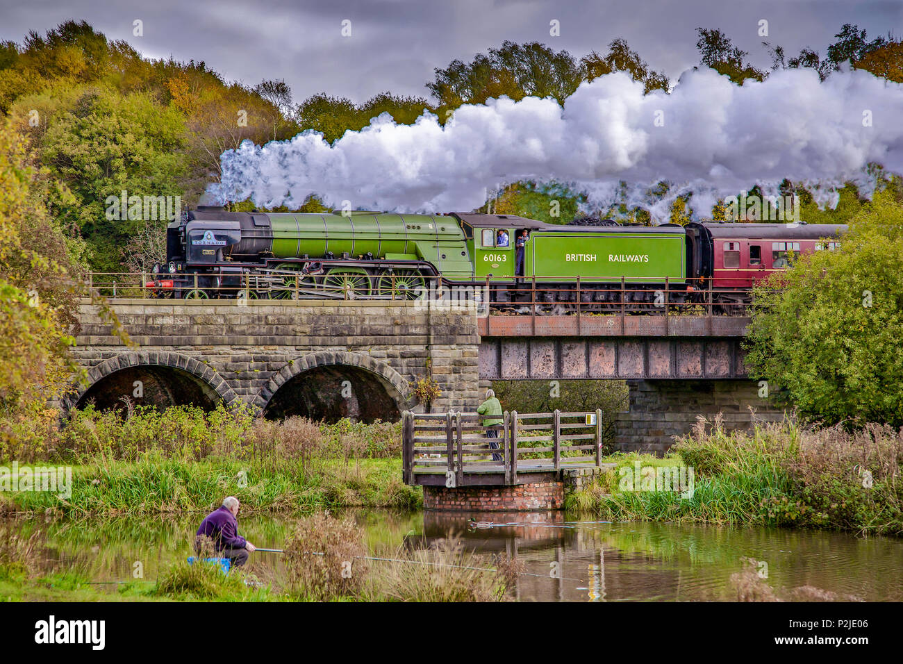 The new Peppercorn A1 Pacific locomotive No. 60163 Tornado on the East Lancashire Railway.The engine is seen passing through the Burrs Country Park on Stock Photo
