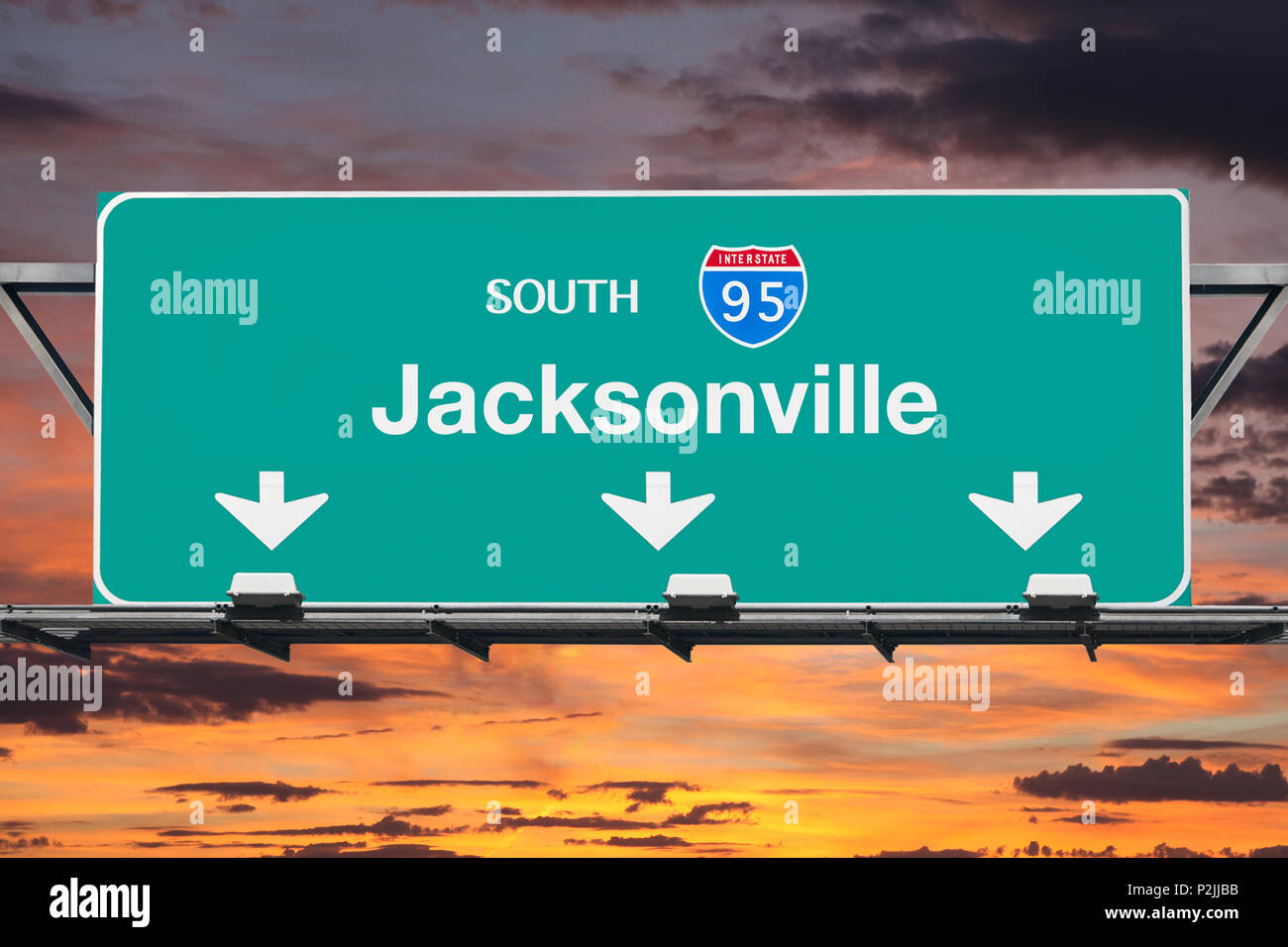 Jacksonville Florida route 95 south overhead freeway sign with sunset sky. Stock Photo