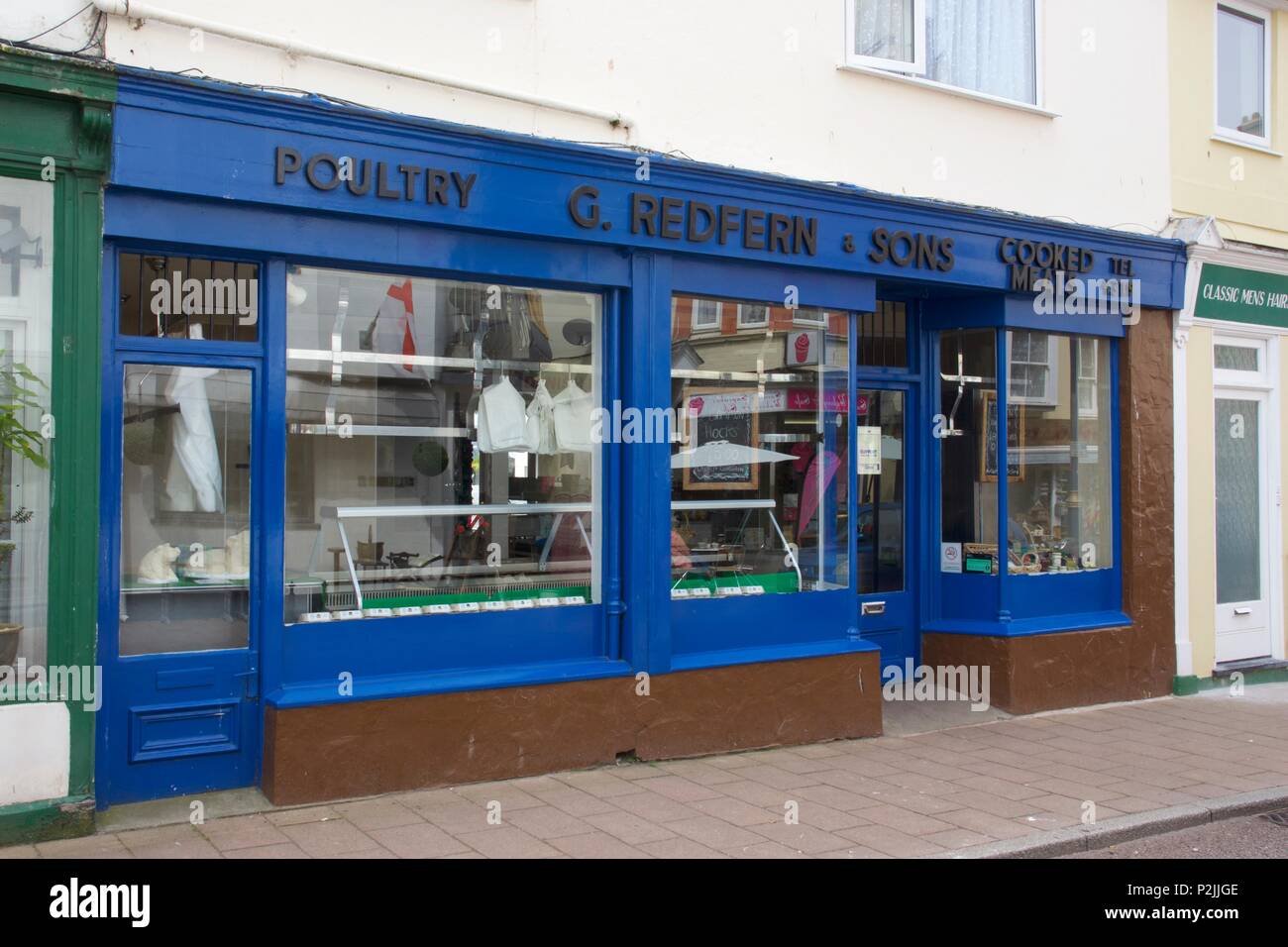 G Redfern & Sons, a local family butchers selling poultry and cooked meats, in Teignmouth, South Devon Stock Photo