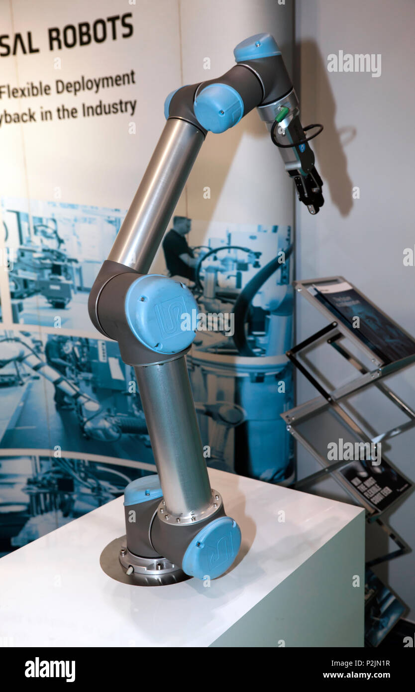 Universal Robots, cobot UR5, a flexible industrial collaborative robot arm,  being demonstrated at the AI Summit, ExCel London Stock Photo - Alamy