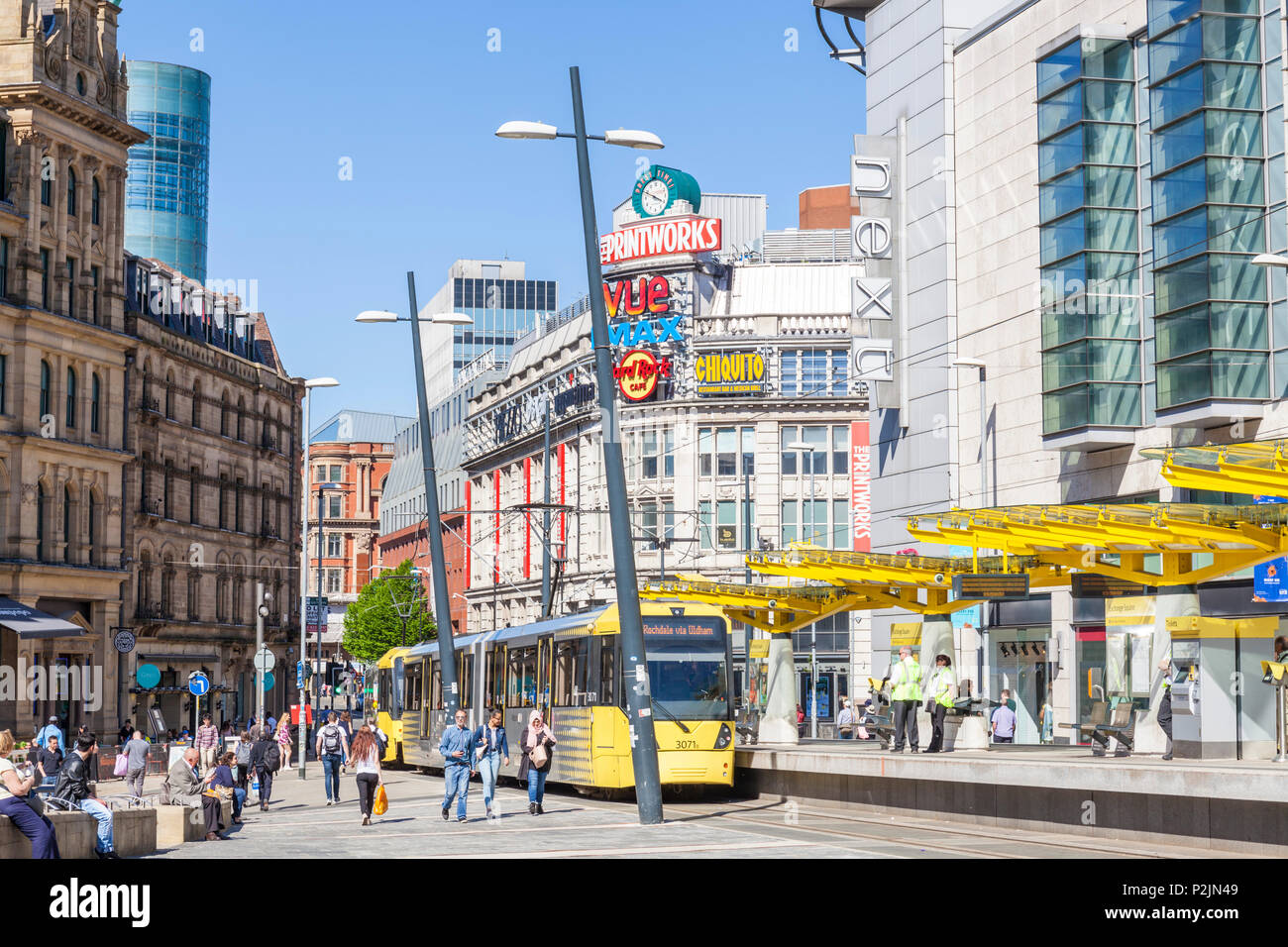 England Manchester England Manchester tram stop exchange square printworks City centre city center  manchester Arndale centre Manchester uk Stock Photo