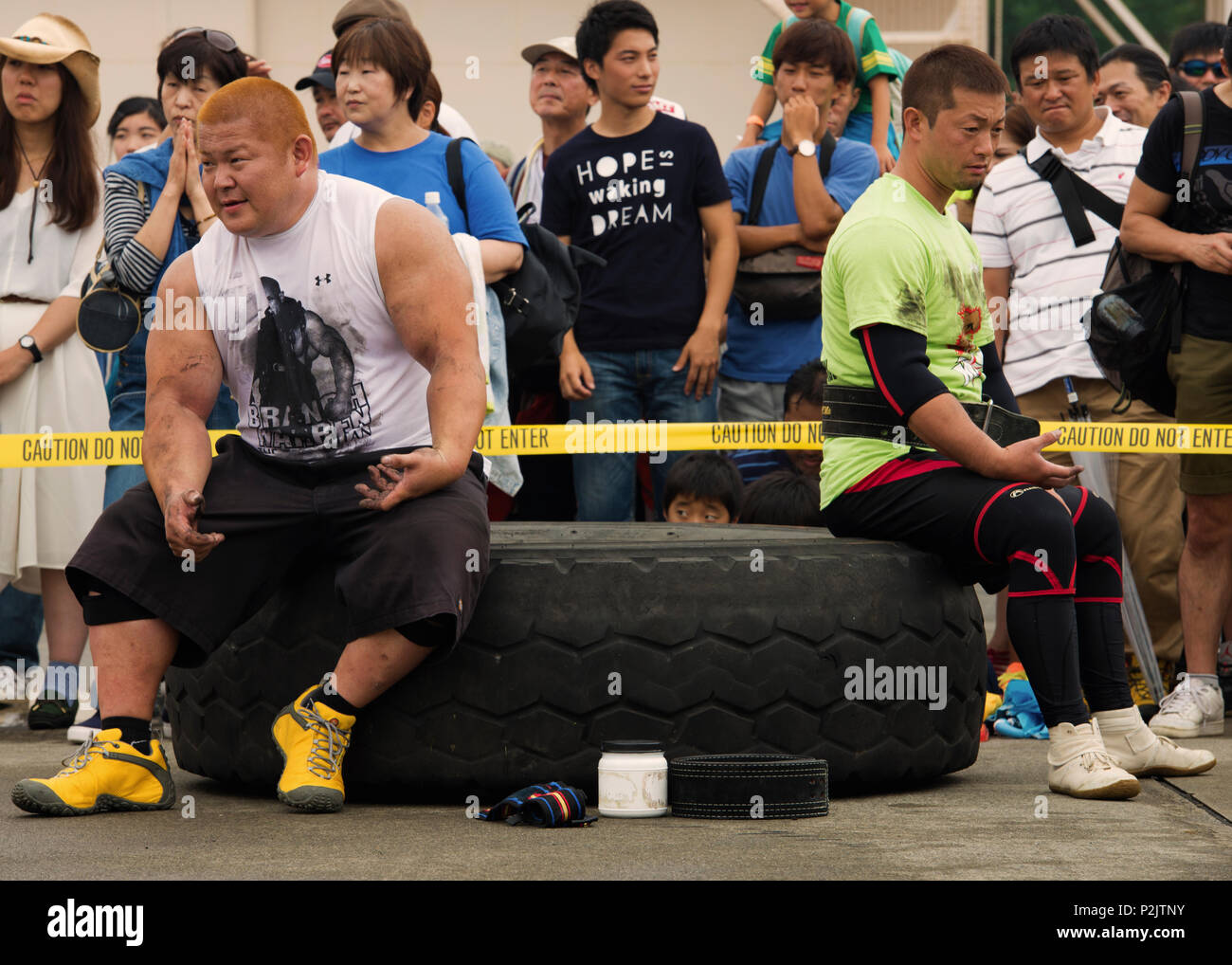 Contestants In The Friendship Festival Strongman Competition Rest After An Event On 18 Sept 16 At Yokota Air Base Japan The Strongman Competition Was One Of Many Events Organized For Festival Attendees