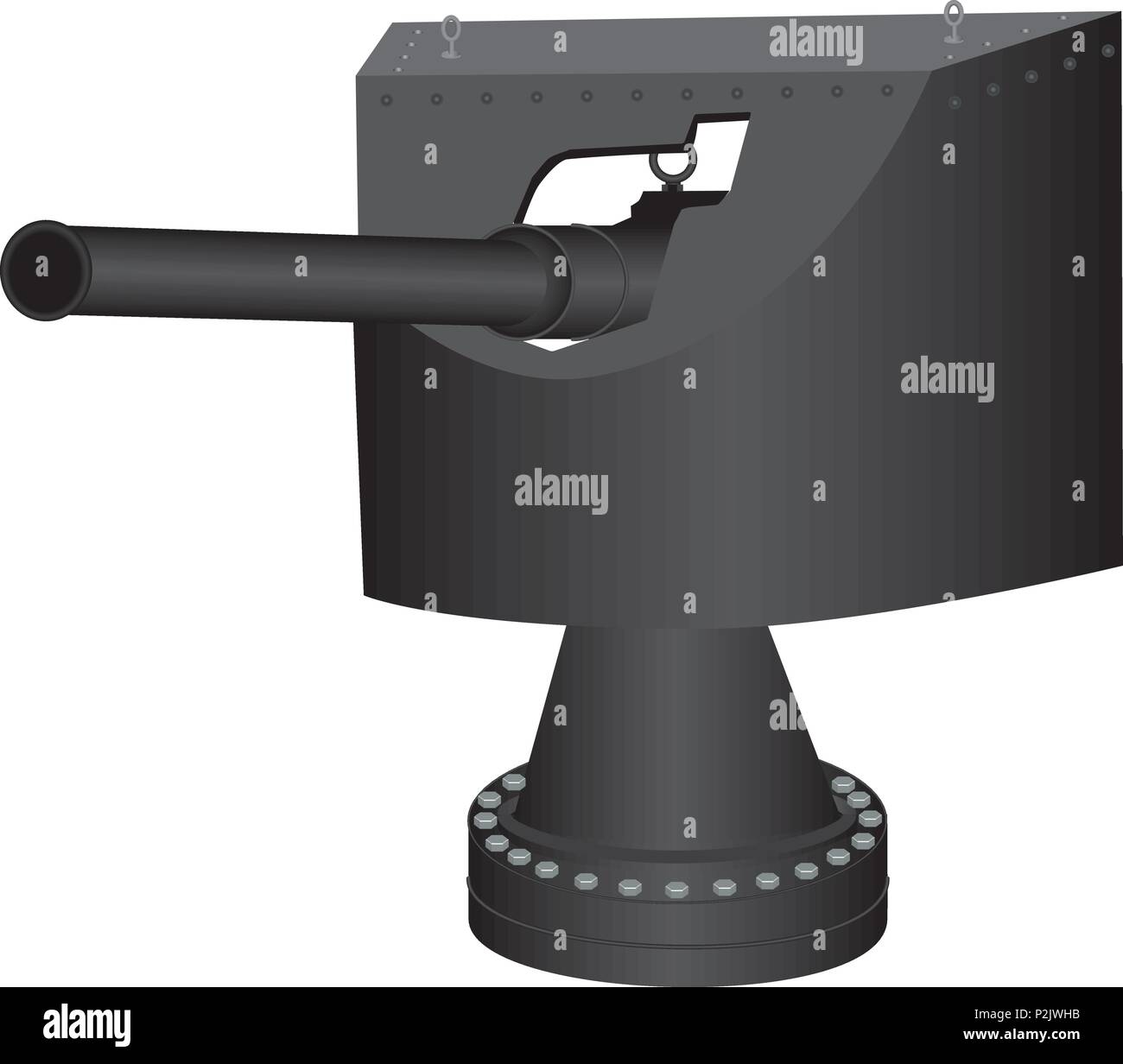 An Early Twentieth Century Quick firing 12 pound Naval Gun in an armoured turret with a swivel mounting isolated on white Stock Vector