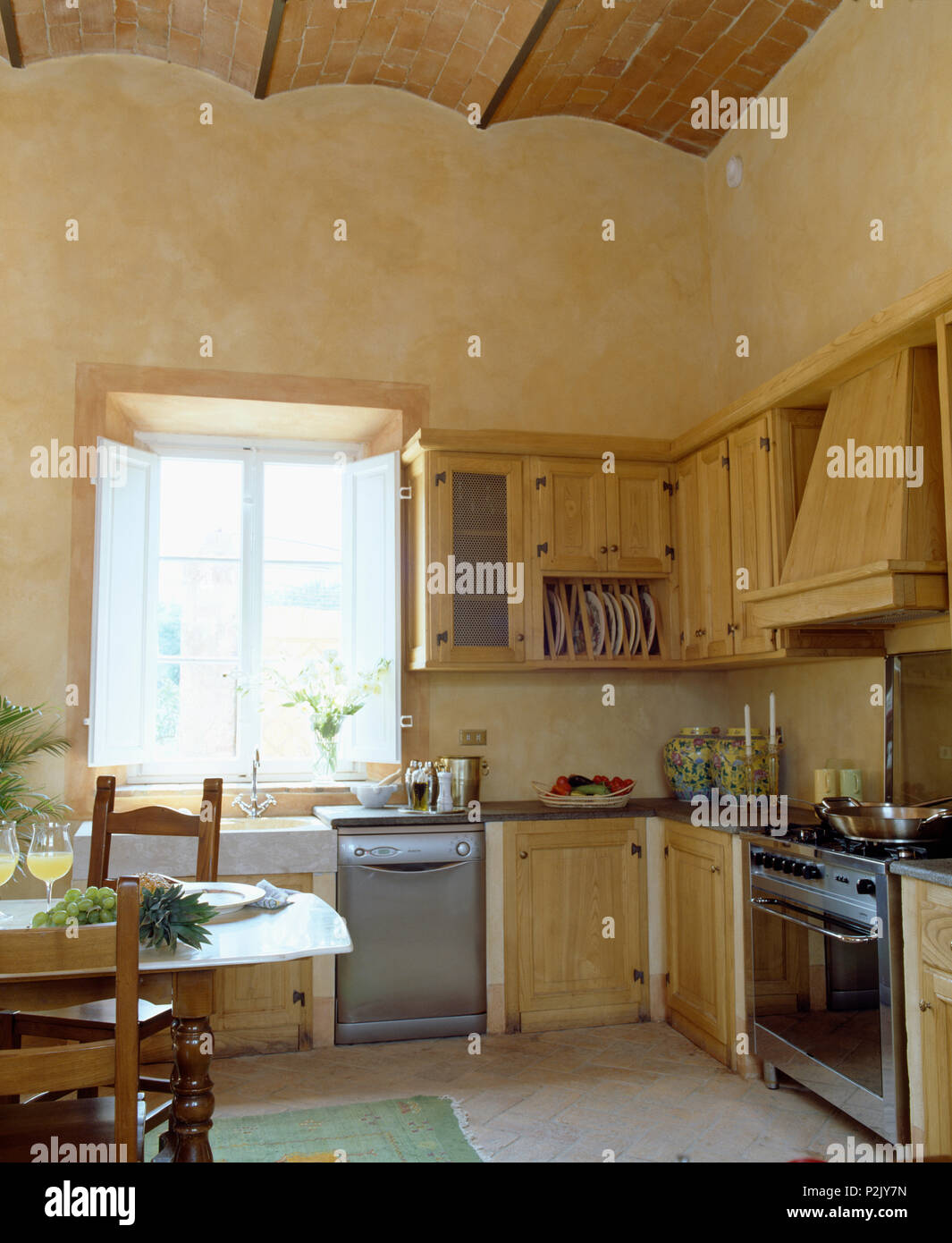 Stainless steel dishwasher and range oven in Tuscan kitchen Stock Photo