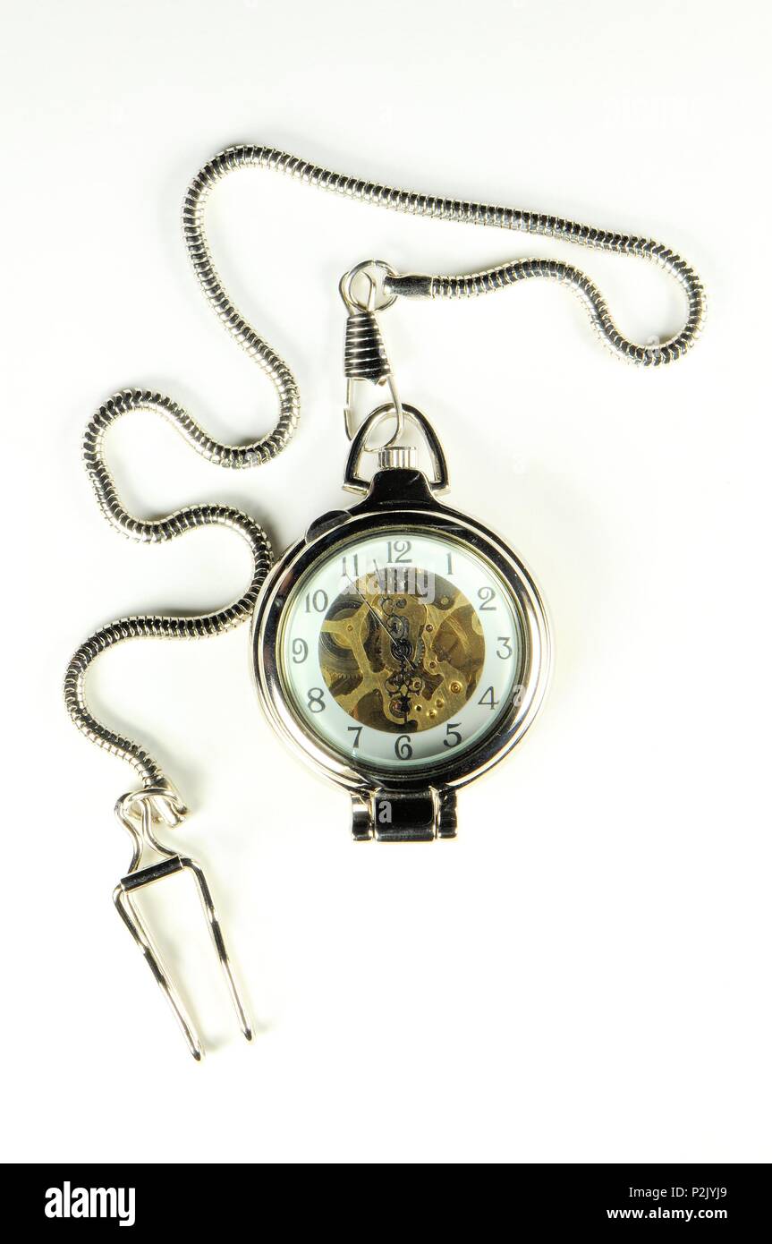 Vintage mechanical automatic pocket watch with chain. Isolated on white