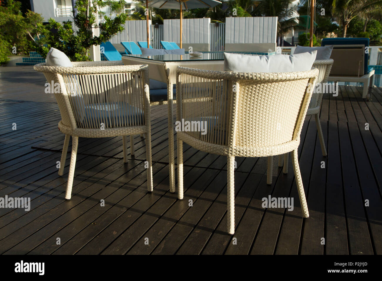 Outdoor Table Set With Umbrella In The Terrace Stock Photo Alamy