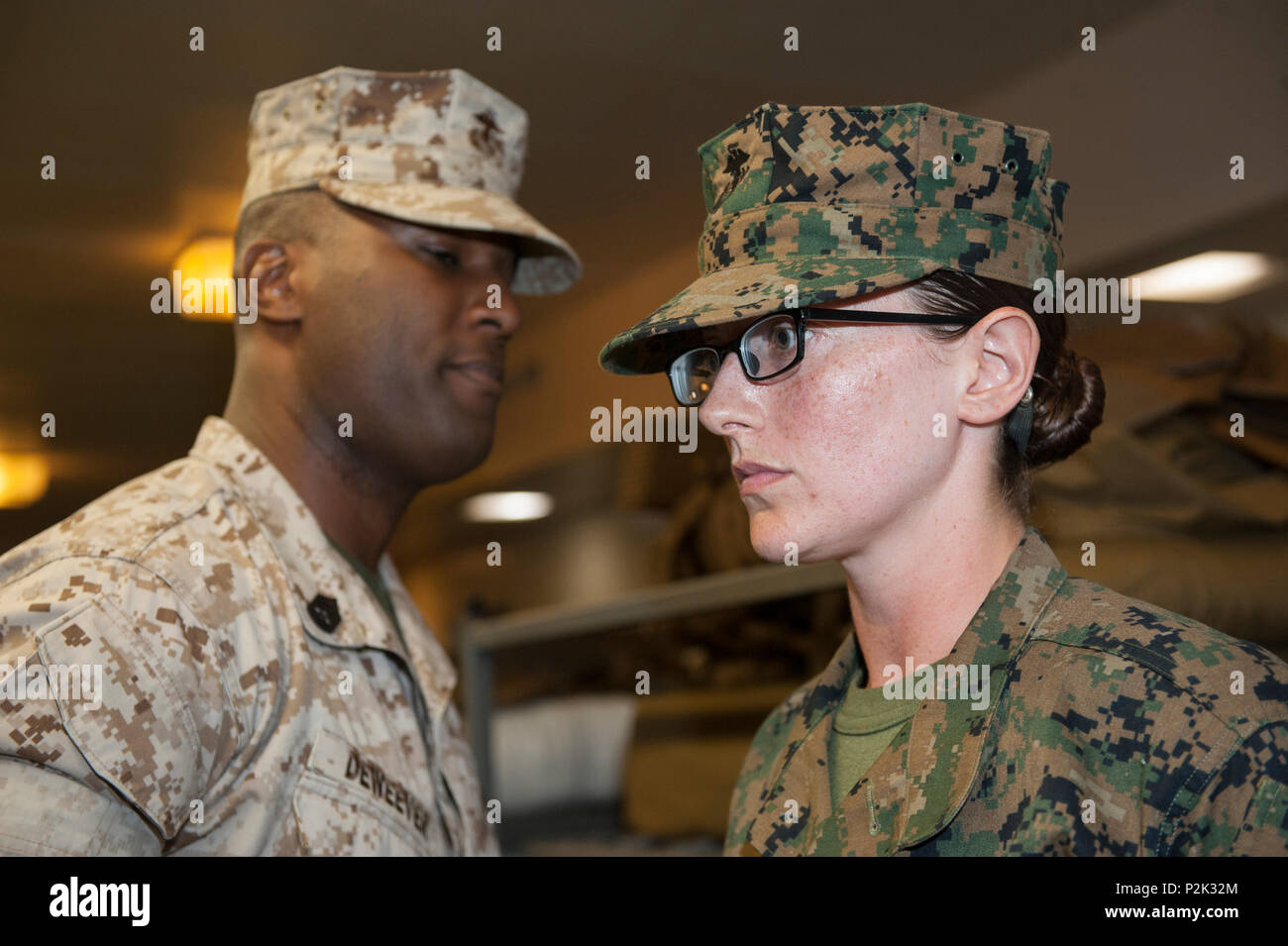 U.S. Marine Drill Instructor Gunnery Sgt. Nicholas Deweever inspects
