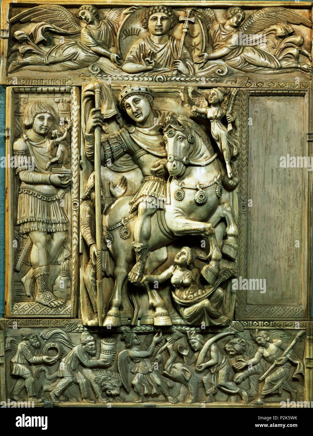 Ivory diptych. Detail from the emperor on a horse. Byzantine 6th century. 34 x 26.6 cm. Paris, musée du Louvre. Location: MUSEO DEL LOUVRE-EBORARIA, FRANCE. Stock Photo