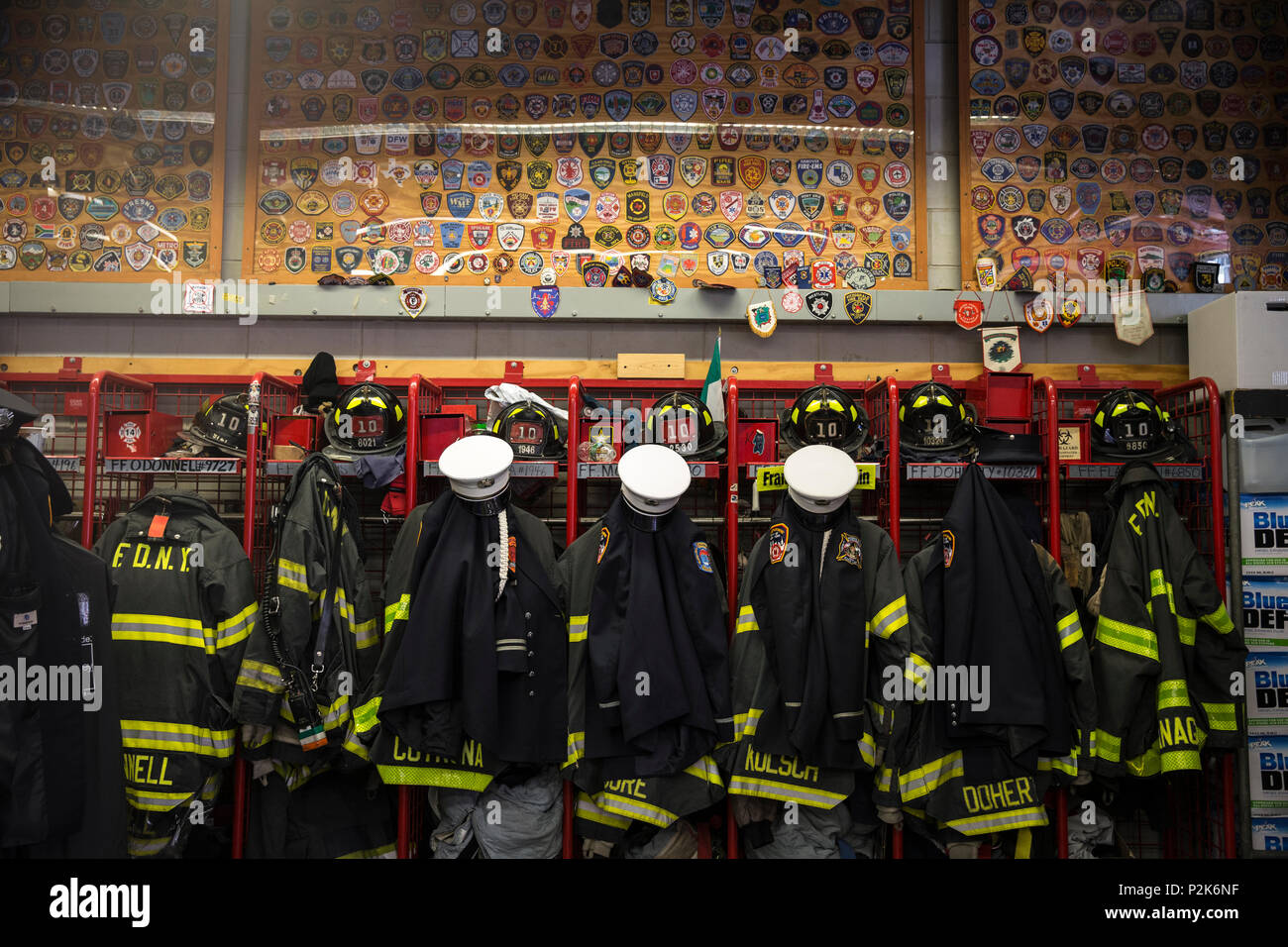 Fireman's uniforms hang in the lockers inside Station 10 at the 15th annual Fire  Department of New York (FDNY) Memorial Ceremony, New York City, N.Y., Sept.  11, 2016. Once a year, local,