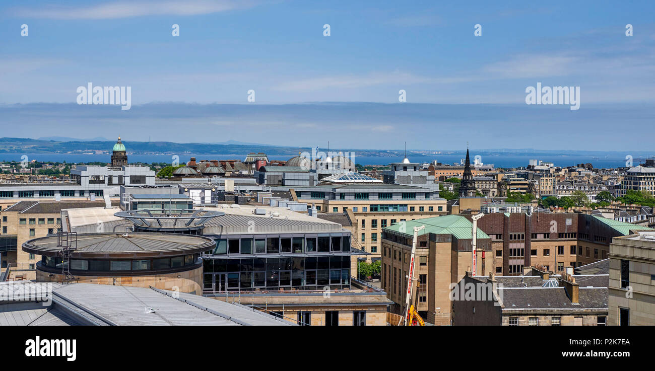 Unusual Rooftop view of Edinburgh l and Edinburgh business district, ooking out to the Firth of Forth, and Fife,, Central Scotland, UK Stock Photo
