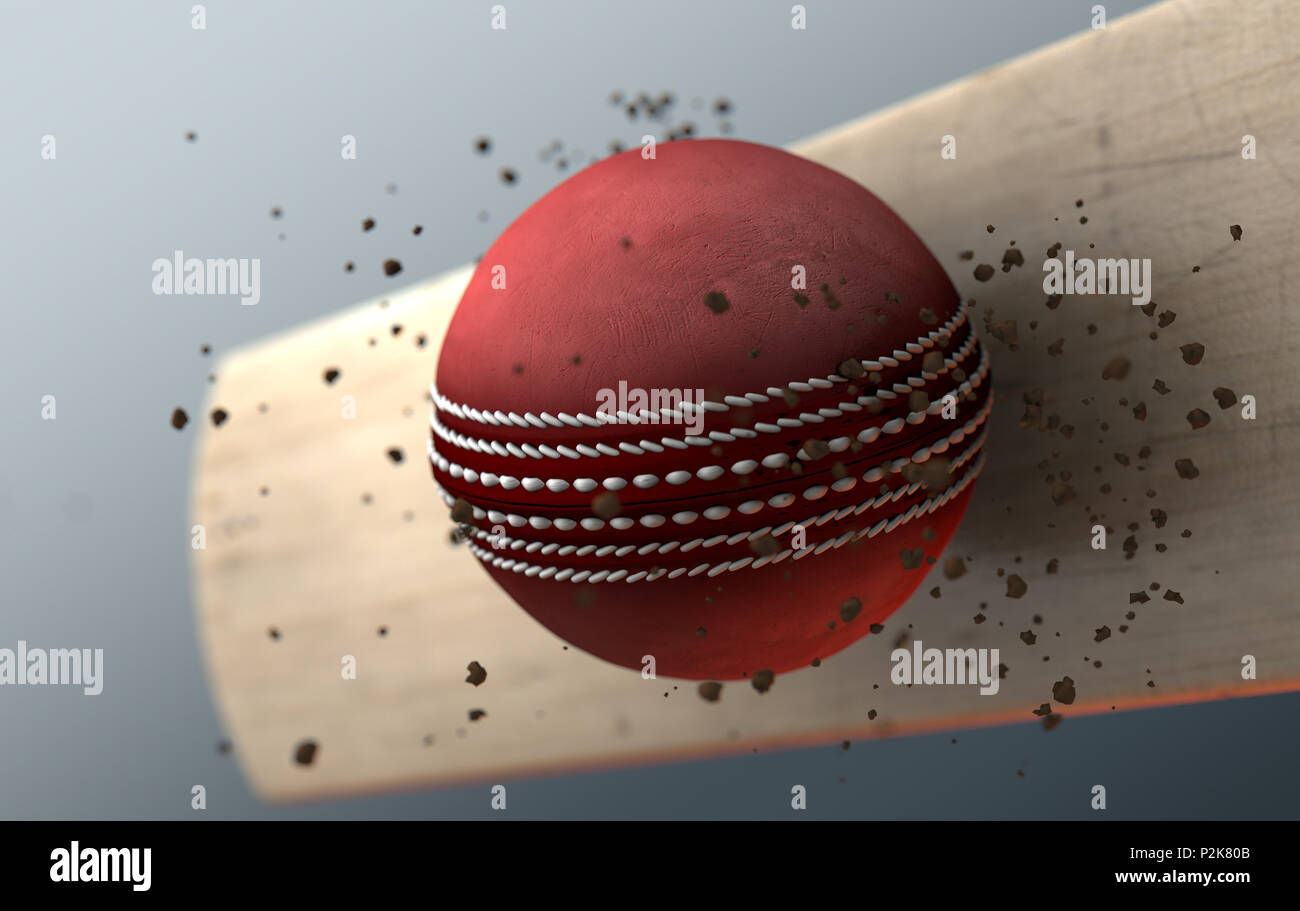An extreme closeup slow motion action capture of a red cricket ball striking a wooden bat with dirt particles emanating on a dark isolated background  Stock Photo
