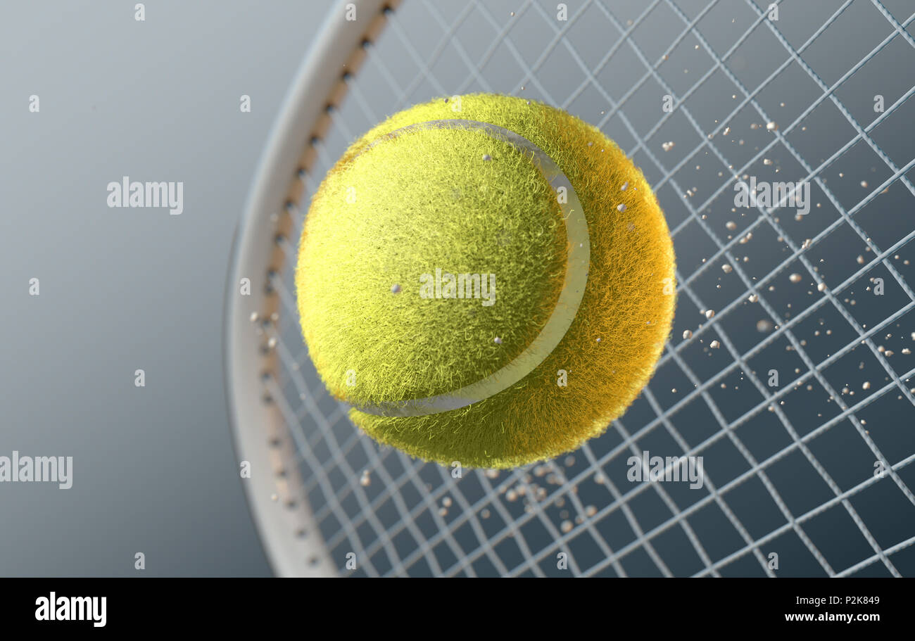 An extreme closeup slow motion action capture of a tennis ball striking a racquet with dirt particles emanating on a dark isolated background - 3D ren Stock Photo