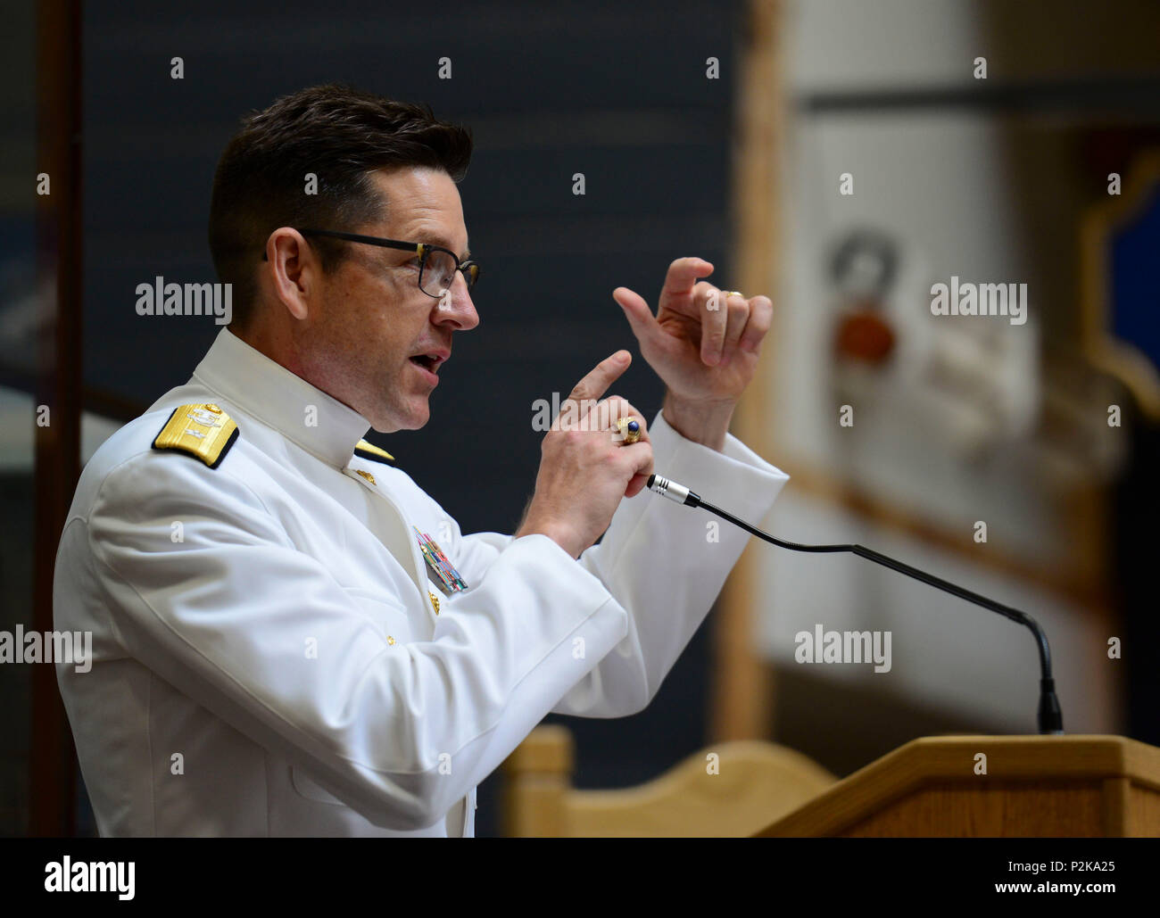 161001-N-TZ605-183 WASHINGTON (Oct. 1, 2016) Rear Adm. Robert T. Durand, vice-chief of information (CHINFO), delivers remarks during his promotion ceremony to rear admiral at the U.S. Navy Museum in Washington, Oct. 1, 2016. Vice-CHINFO heads the public affairs community for the U.S.Navy Reserve. (U.S. Navy photo by Petty Officer 1st Class Daniel Garas) Stock Photo