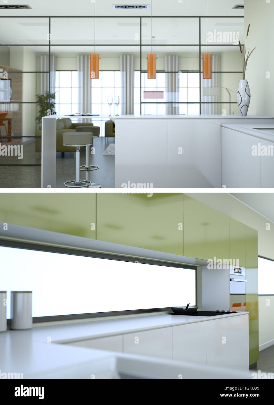 Two views of modern white kitchen Interior design 3d Illustration Stock ...