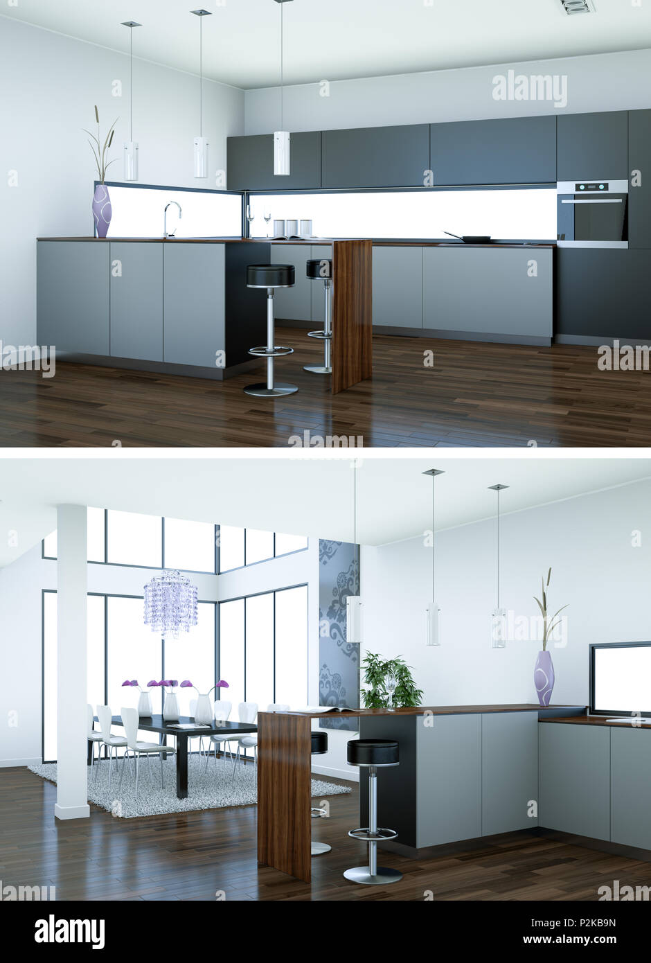 Two views of modern kitchen Interior design 3d Illustration Stock Photo ...