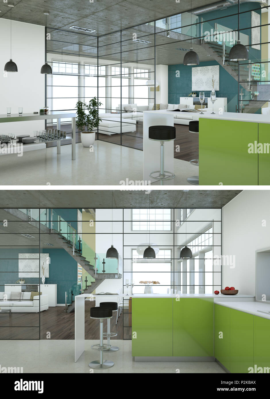 Two views of modern kitchen Interior design 3d Illustration Stock Photo ...