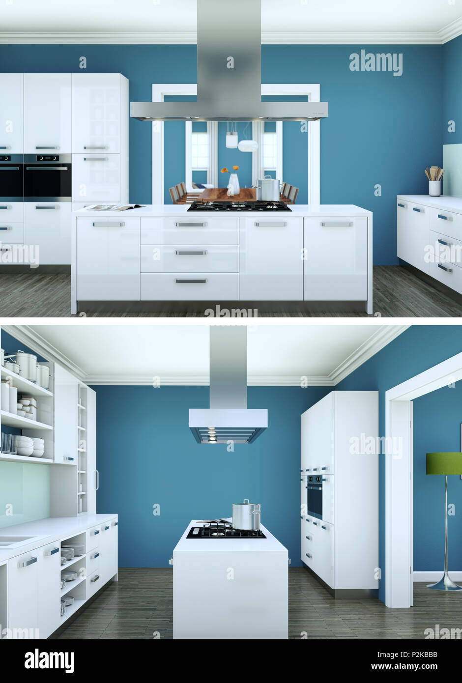 Two views of modern kitchen Interior design 3d Illustration Stock Photo ...