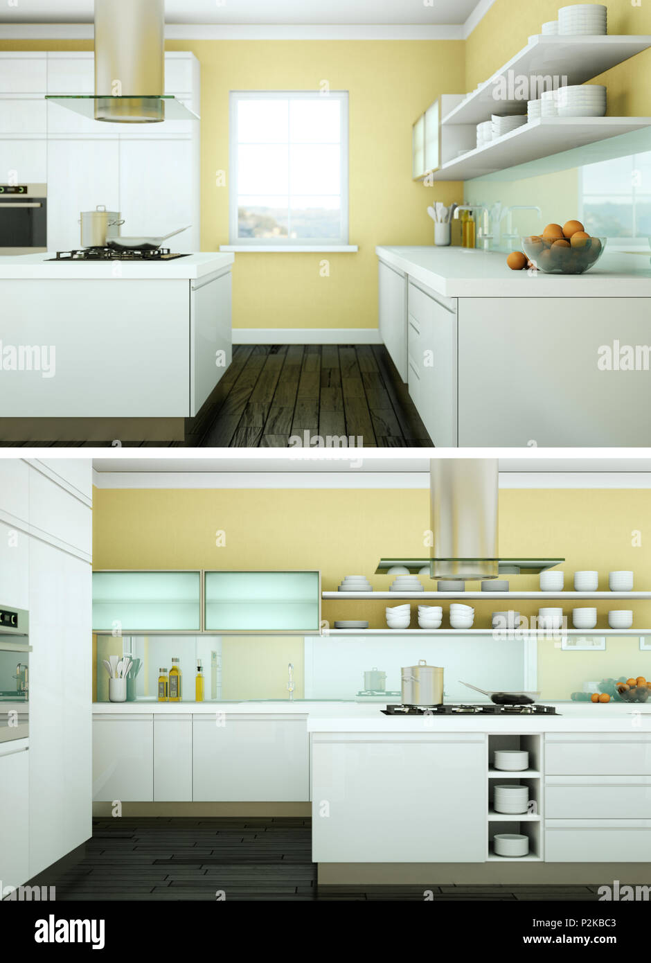 Two views of modern kitchen Interior design 3d Illustration Stock Photo ...