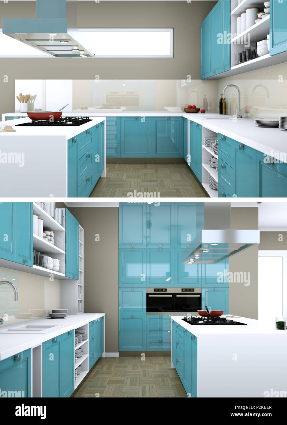 Two views of modern kitchen Interior design 3d Illustration Stock Photo ...