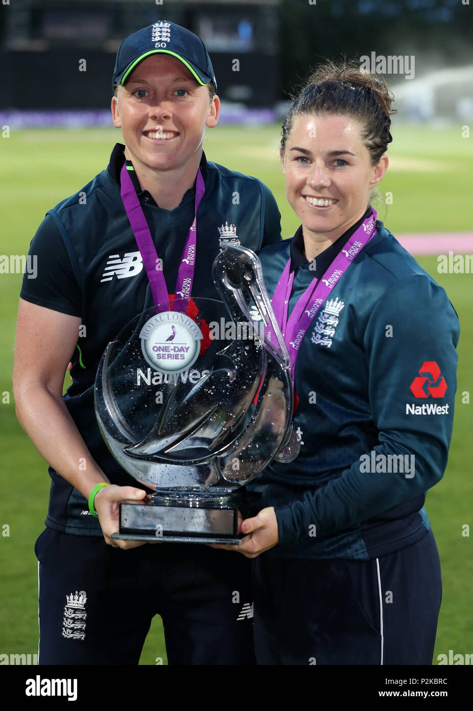 England's Captain Heather Knight (left) and player of the series Tammy Beaumont with the series trophy following the 3rd One Day International at the Spitfire Ground, Canterbury. Stock Photo