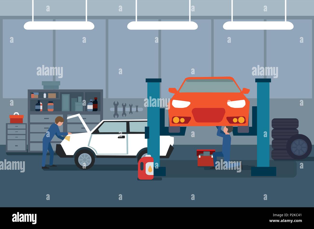 Work process in car and tire services. Automobile repair and mechanics