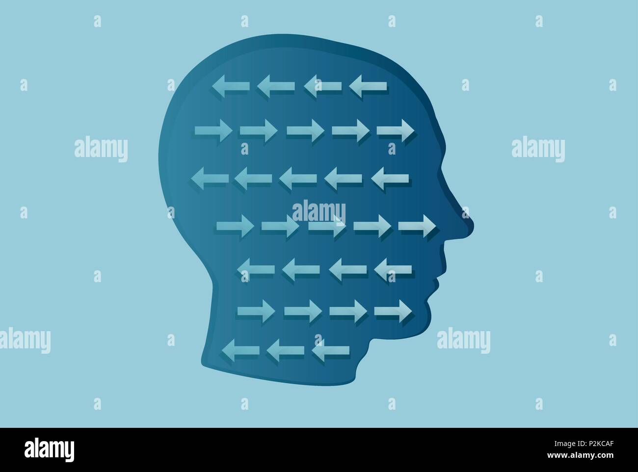 Vector of a man head with arrows inside going in opposite directions. Cognitive dissonance concept Stock Vector