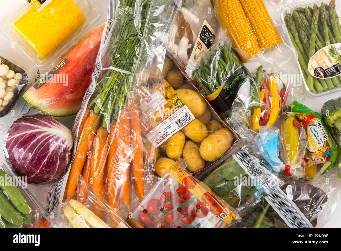 Fresh food, vegetables, fruit, each individually packaged in plastic