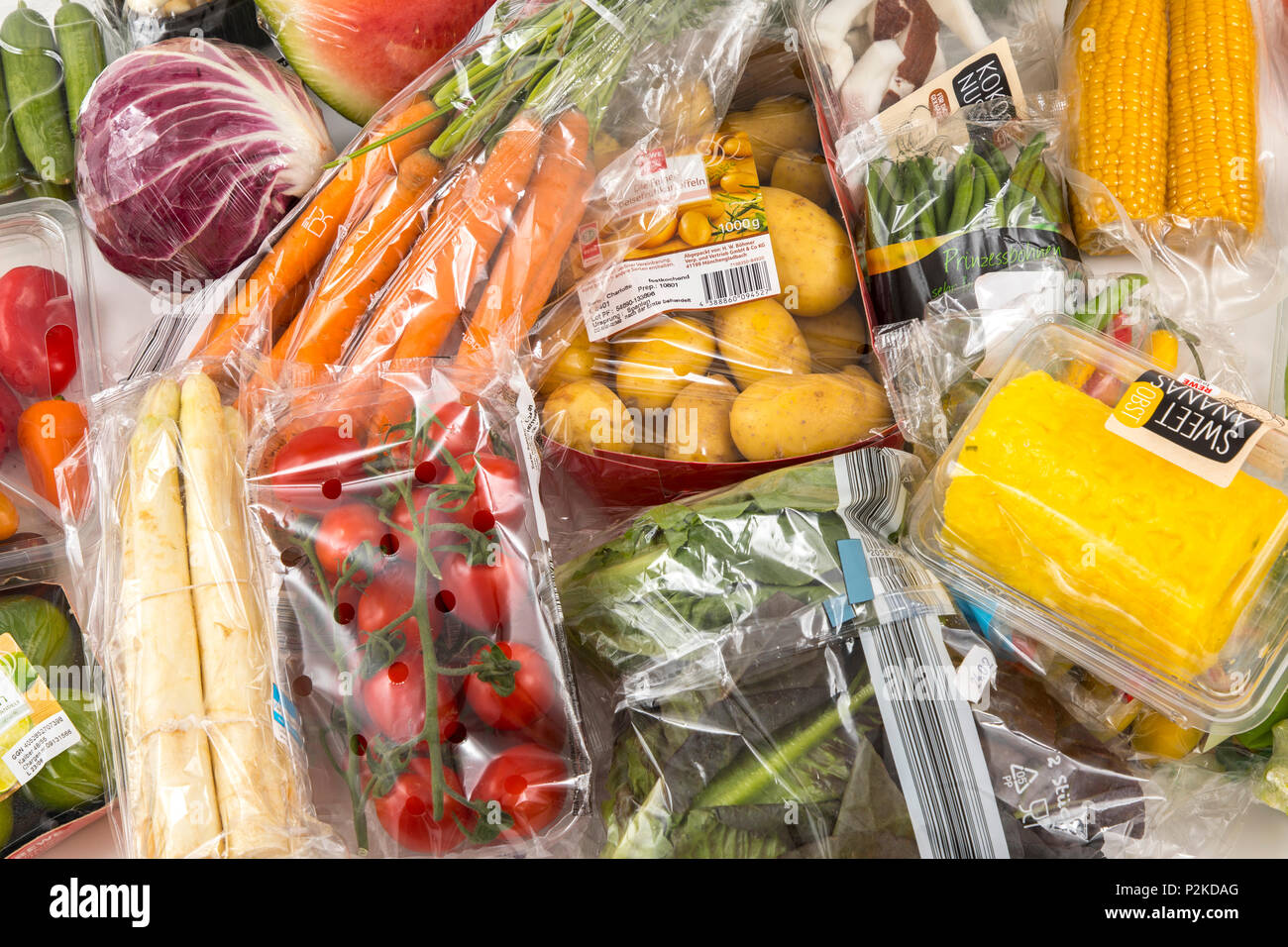 Fresh food, vegetables, fruit, each individually packaged in plastic