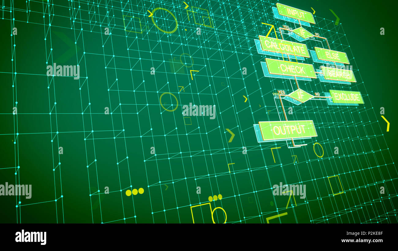 A geometric 3d rendering of computer algorithms located askew in the ...